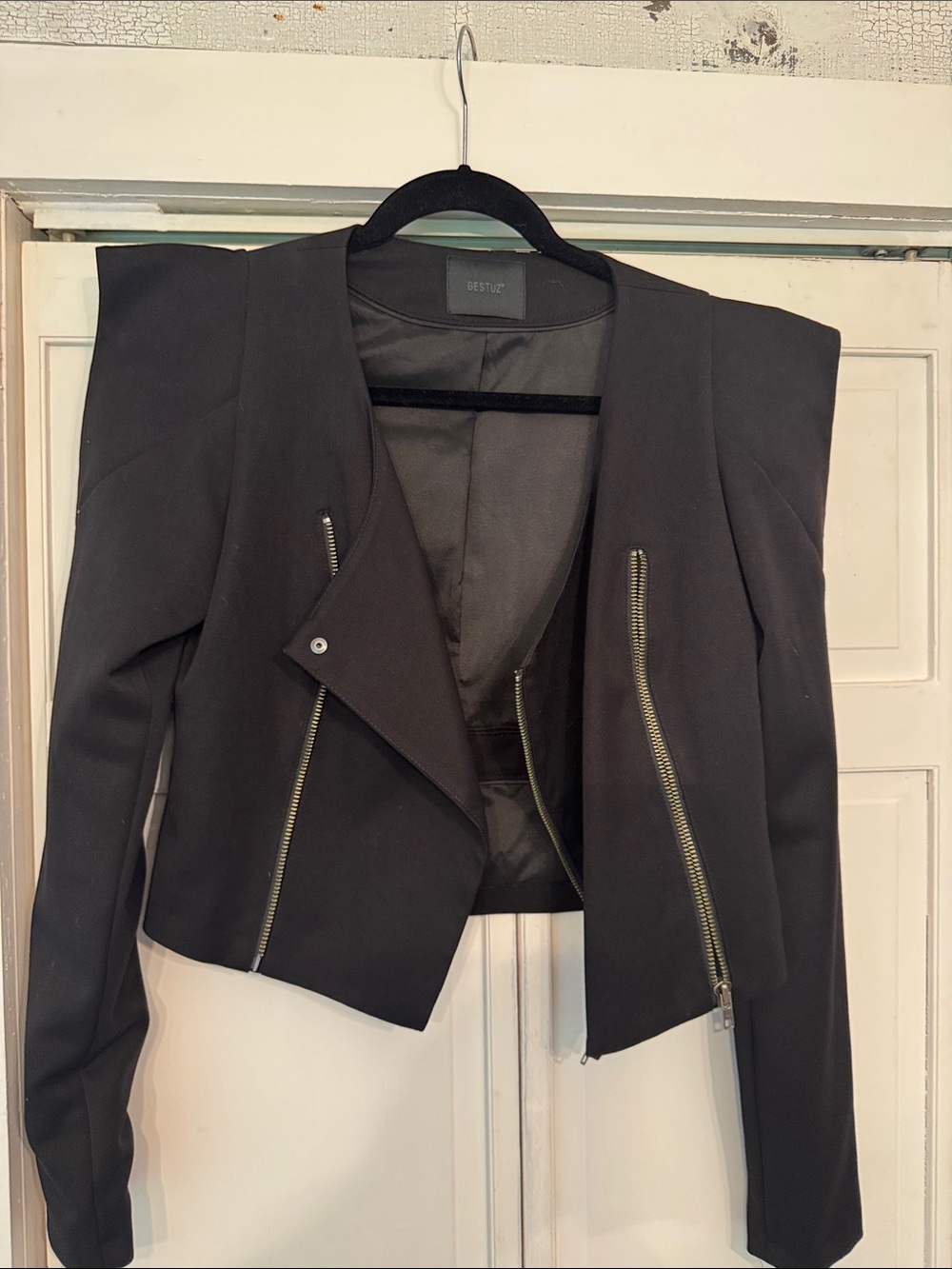OESTOZ Black Cropped Moto Blazer with Asymmetric Zippers